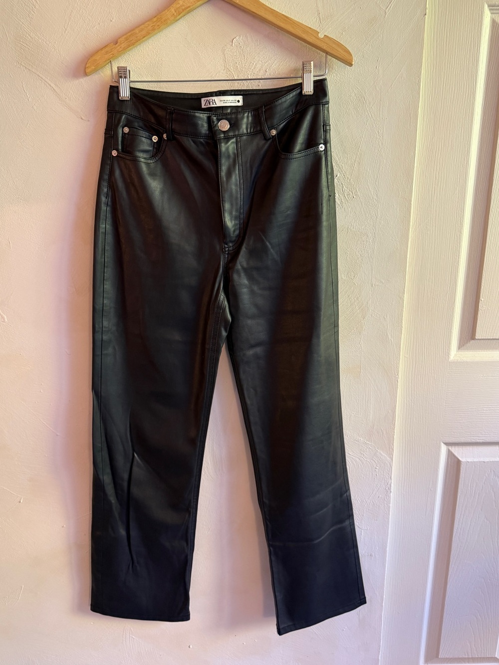 Zara Black Faux Leather High Rise Straight Leg Pants Premium Denim Collection Si